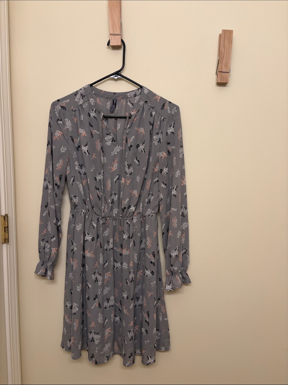 Massini Grey Floral Long-Sleeve Wrap-Style Dress